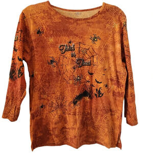 Jane Ashley Halloween Trick or Treat Stretch Bedazzled Shirt Size Medium Orange